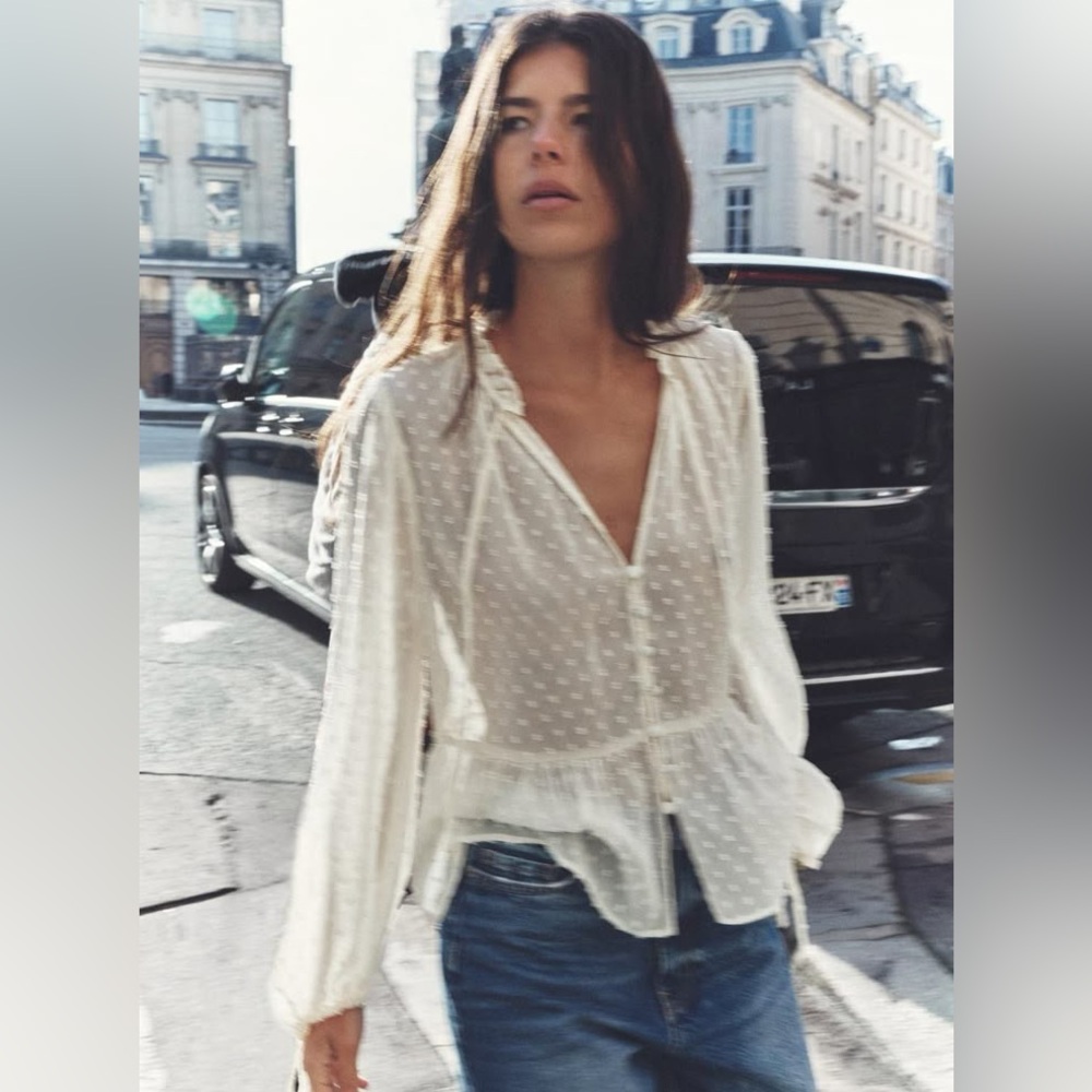 Zara Sheer Swiss Dot Cream Peasant Blouse